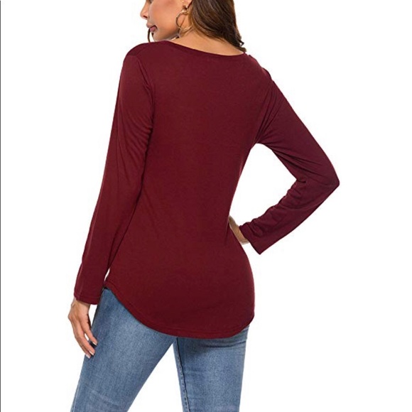 Solid red v neck casual long sleeve top - Picture 4 of 7